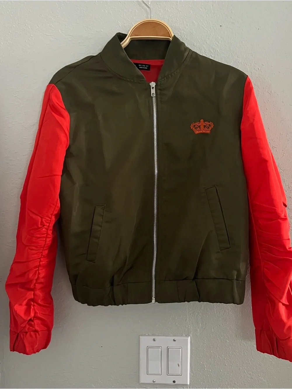 SHEIN Olive Green orange Colorblock Letter Graphic Zip-Up Bomber Jacket Sz 4